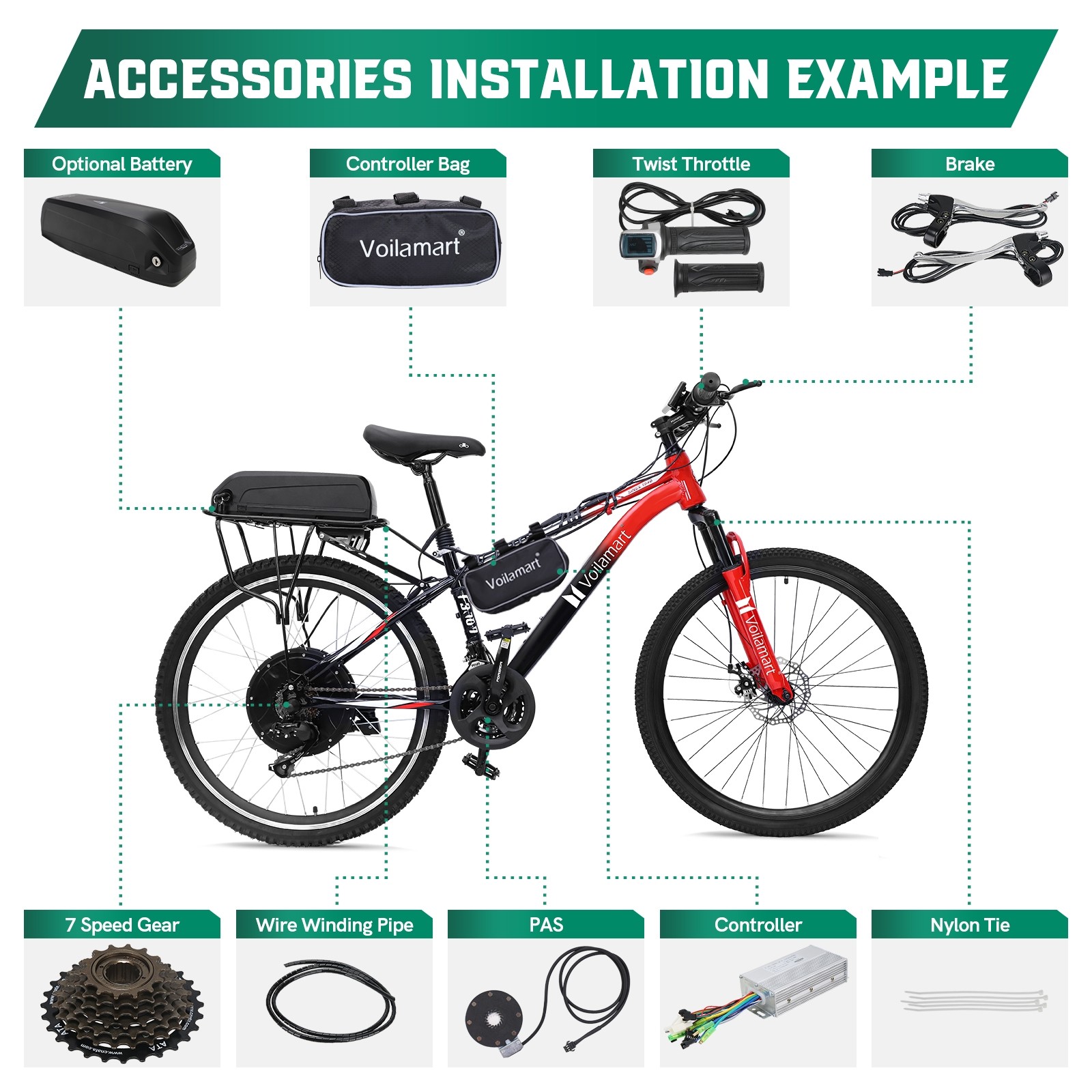 Voilamart 48V 1000W 26 Rear Wheel Electric Bicycle Motor Conversion Kit with Battery